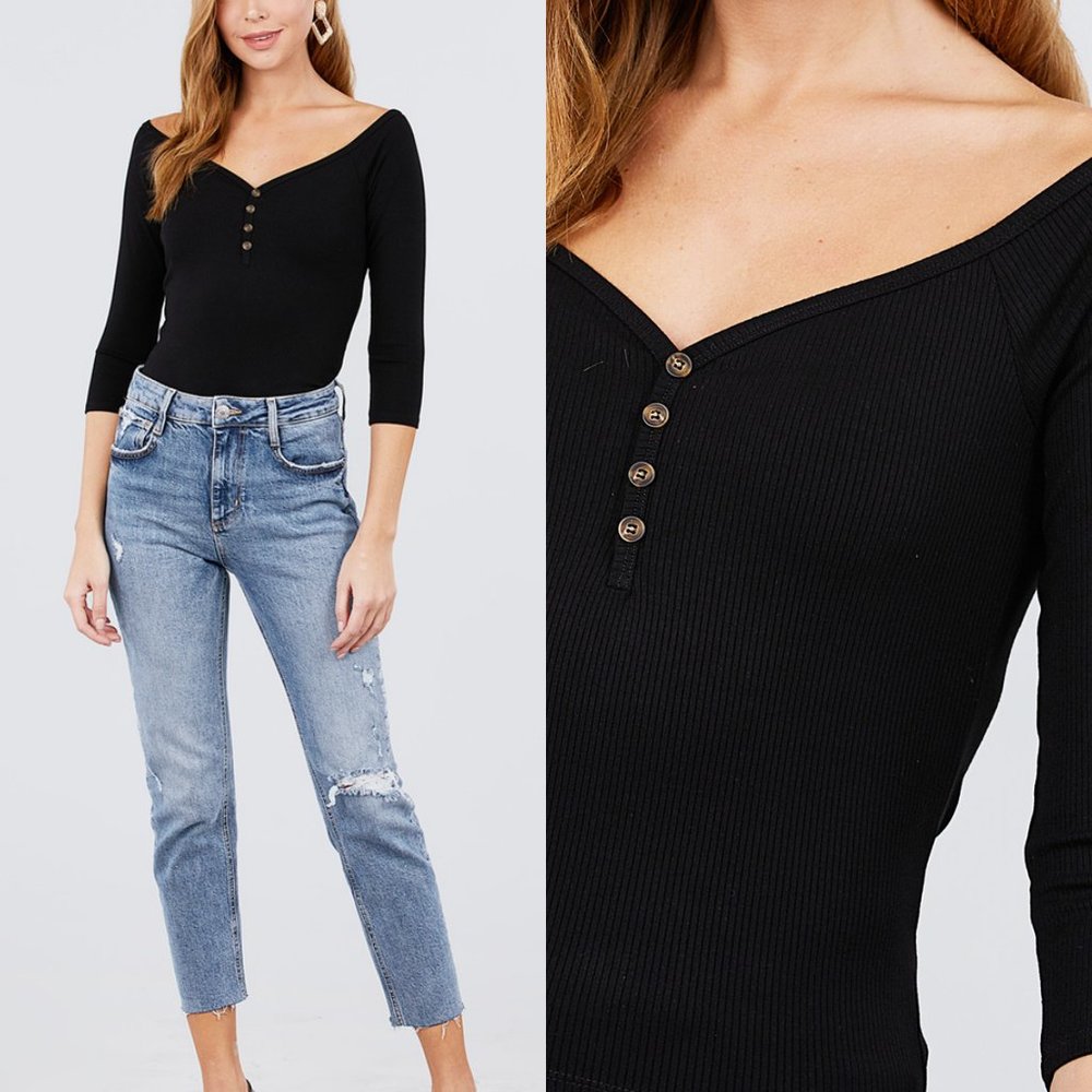 NEW Black Ribbed Knit Button Top